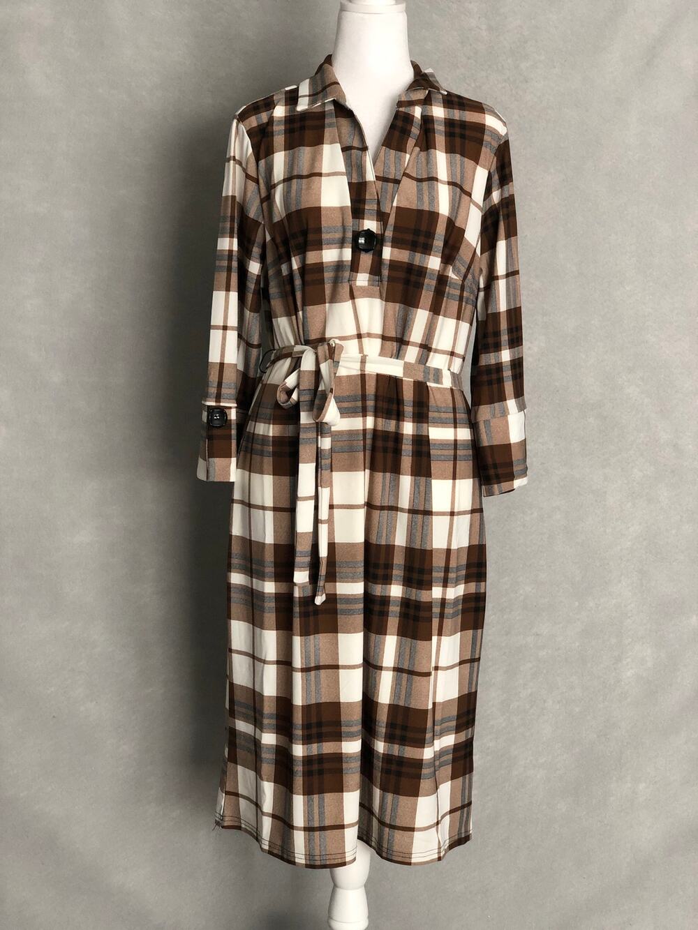 Mlle Gabrielle Plaid Dress 3/4 Sleeve Waist Tie Brown Women's 1X NEW